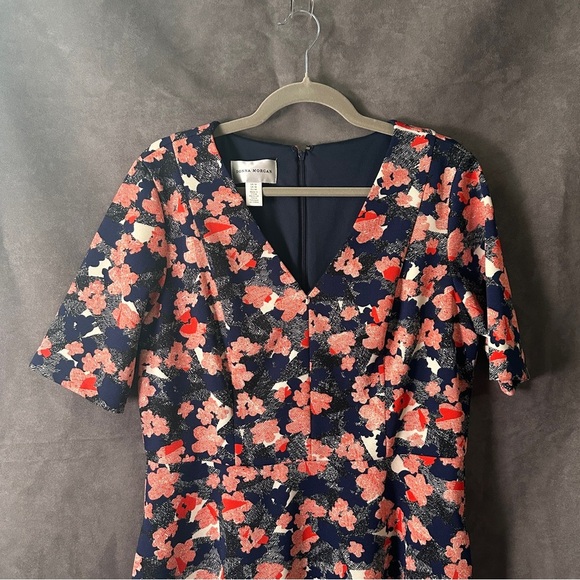 Donna Morgan Piqué Floral Fit & Flare Dress Navy Coral Size 14 Cocktail Wedding - Picture 9 of 13